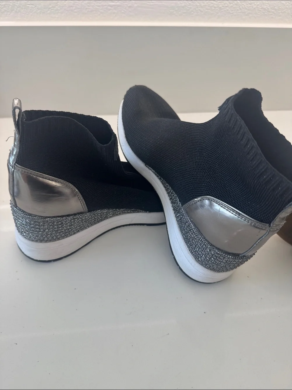Michael Kors Black Knit Sock Sneakers with Glitter Heel